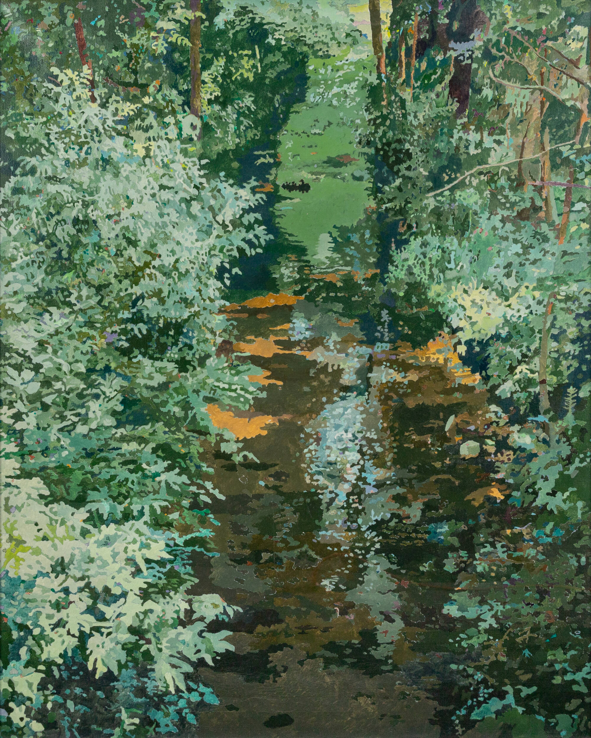 Abstractly painted landscape of a creek- colors are mostly shades of green and brown.